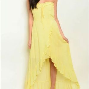 Bright yellow flowey maxi tube dress with ruffle accents